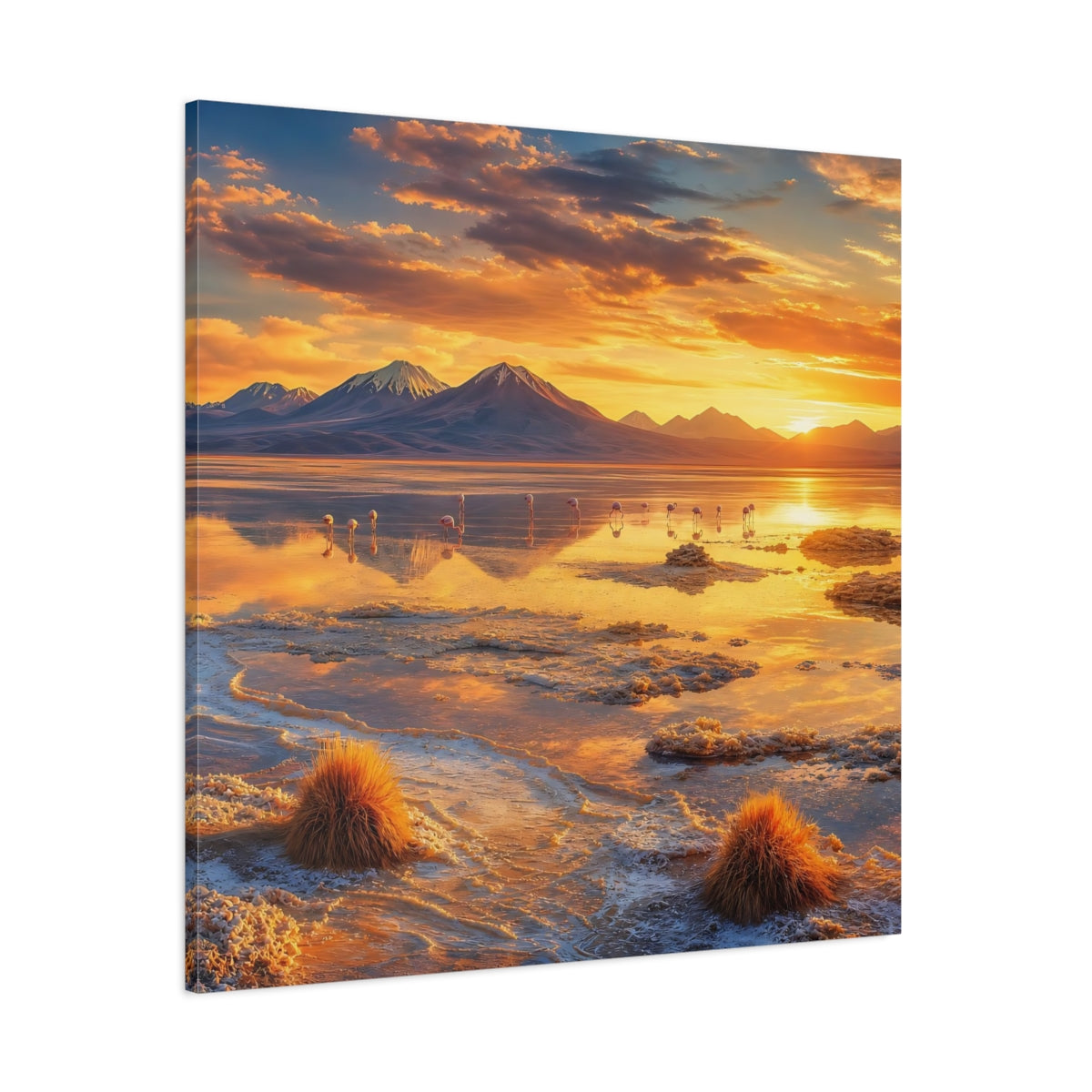 Side Mockup 1. Nature Flamingos Orange Gold Sunset shown as stretched canvas wall art