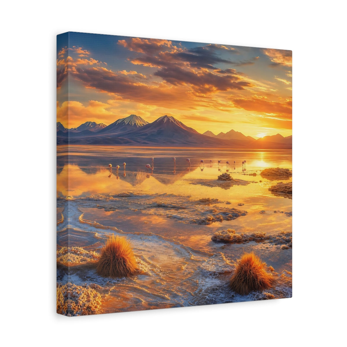 Side Mockup 8. Nature Flamingos Orange Gold Sunset shown as stretched canvas wall art