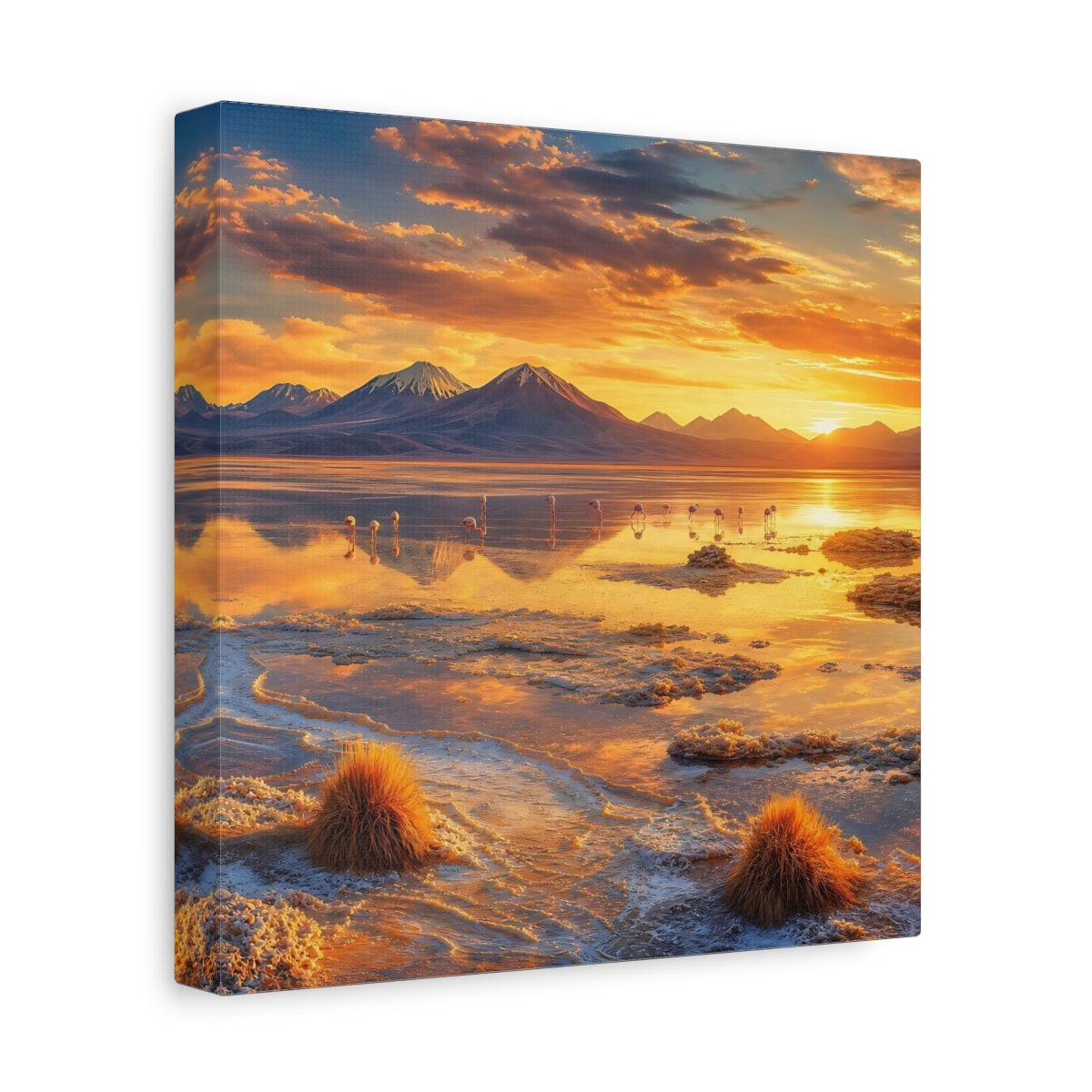 Side Mockup 9. Nature Flamingos Orange Gold Sunset shown as stretched canvas wall art