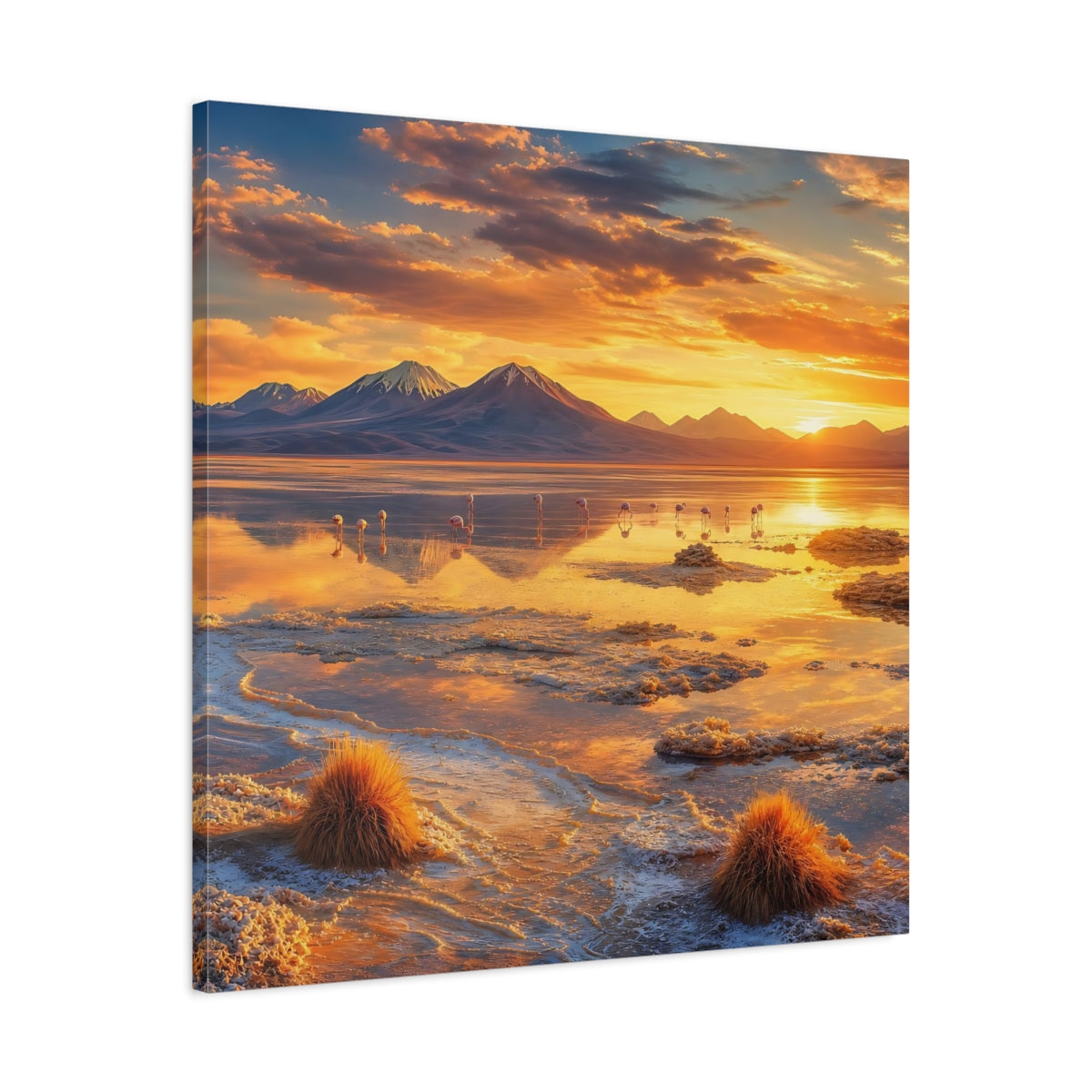 Side Mockup 3. Nature Flamingos Orange Gold Sunset shown as stretched canvas wall art