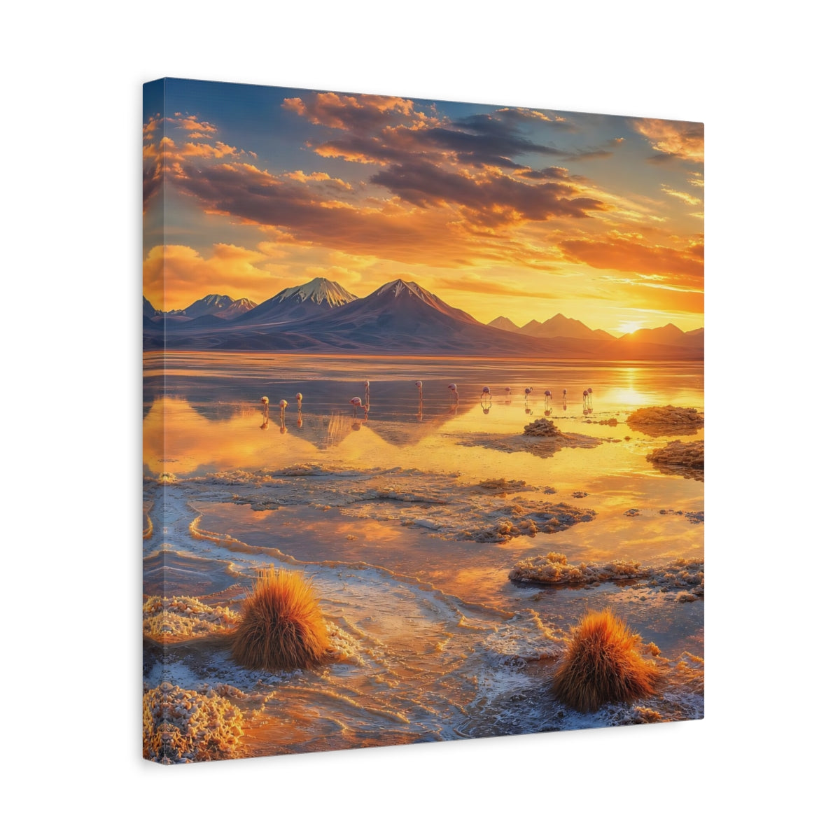 Side Mockup 6. Nature Flamingos Orange Gold Sunset shown as stretched canvas wall art