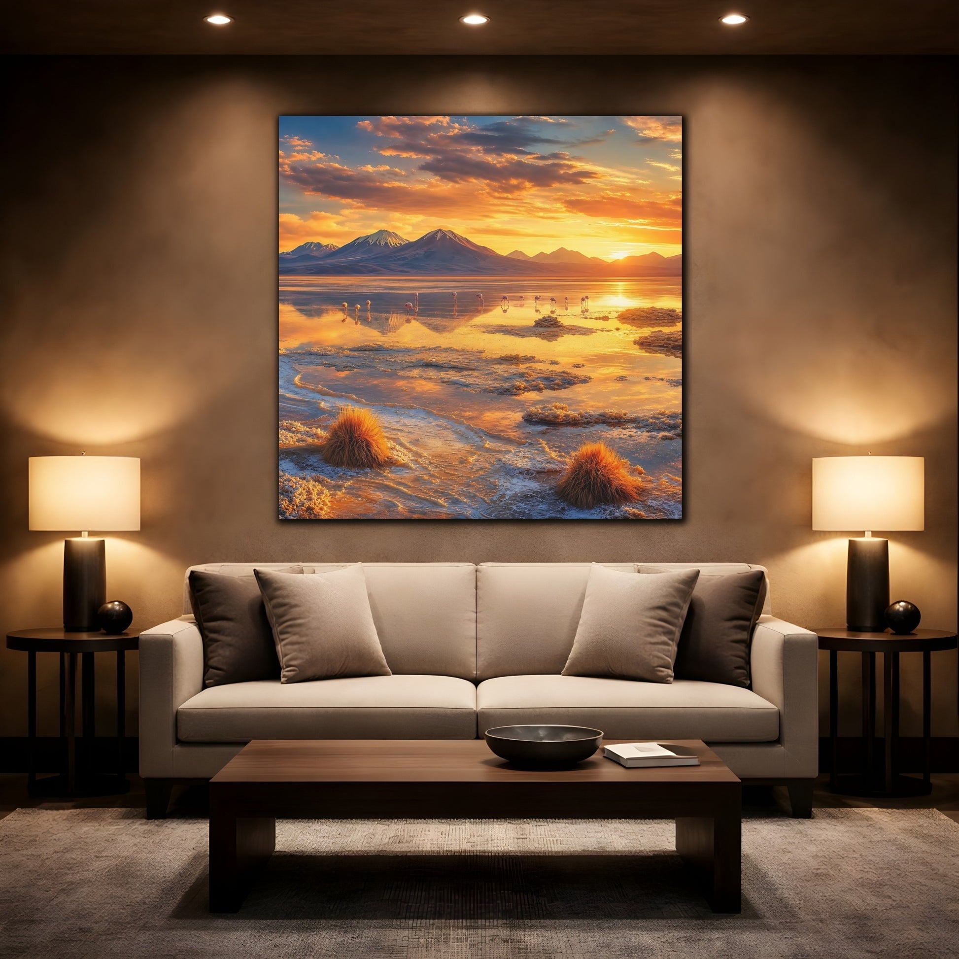 Mockup 2. Nature Flamingos Orange Gold Sunset shown as stretched canvas wall art