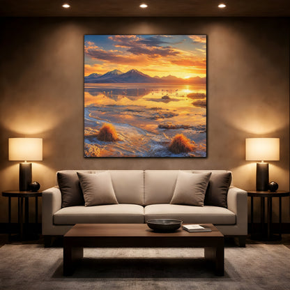 Mockup 2. Nature Flamingos Orange Gold Sunset shown as stretched canvas wall art