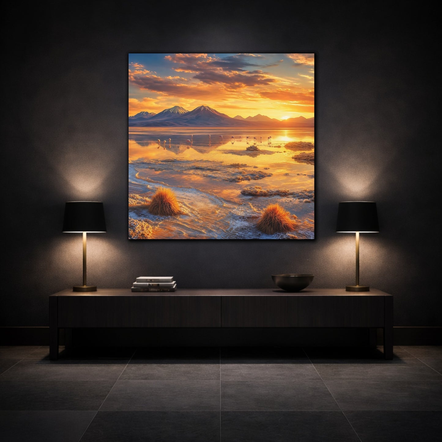 Mockup 3. Nature Flamingos Orange Gold Sunset shown as stretched canvas wall art