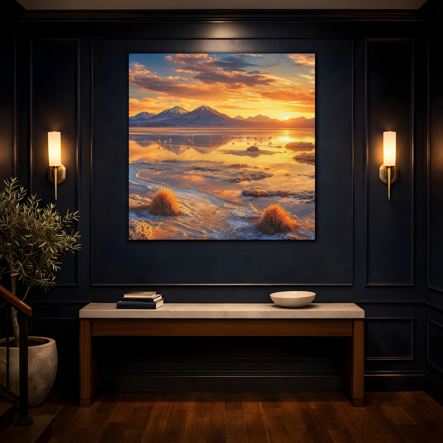 Mockup 4. Nature Flamingos Orange Gold Sunset shown as stretched canvas wall art