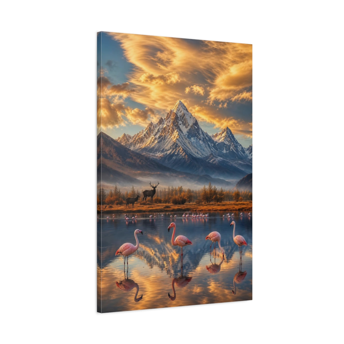 Main Mockup. Nature Flamingos Mountains Mountain Lake Flamingos shown as stretched canvas wall art