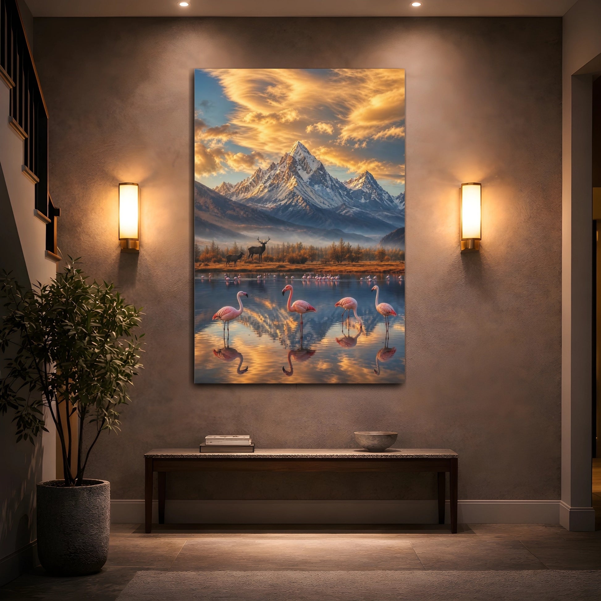 Mockup 2. Nature Flamingos, Mountains Mountain Lake Flamingos shown as stretched canvas wall art