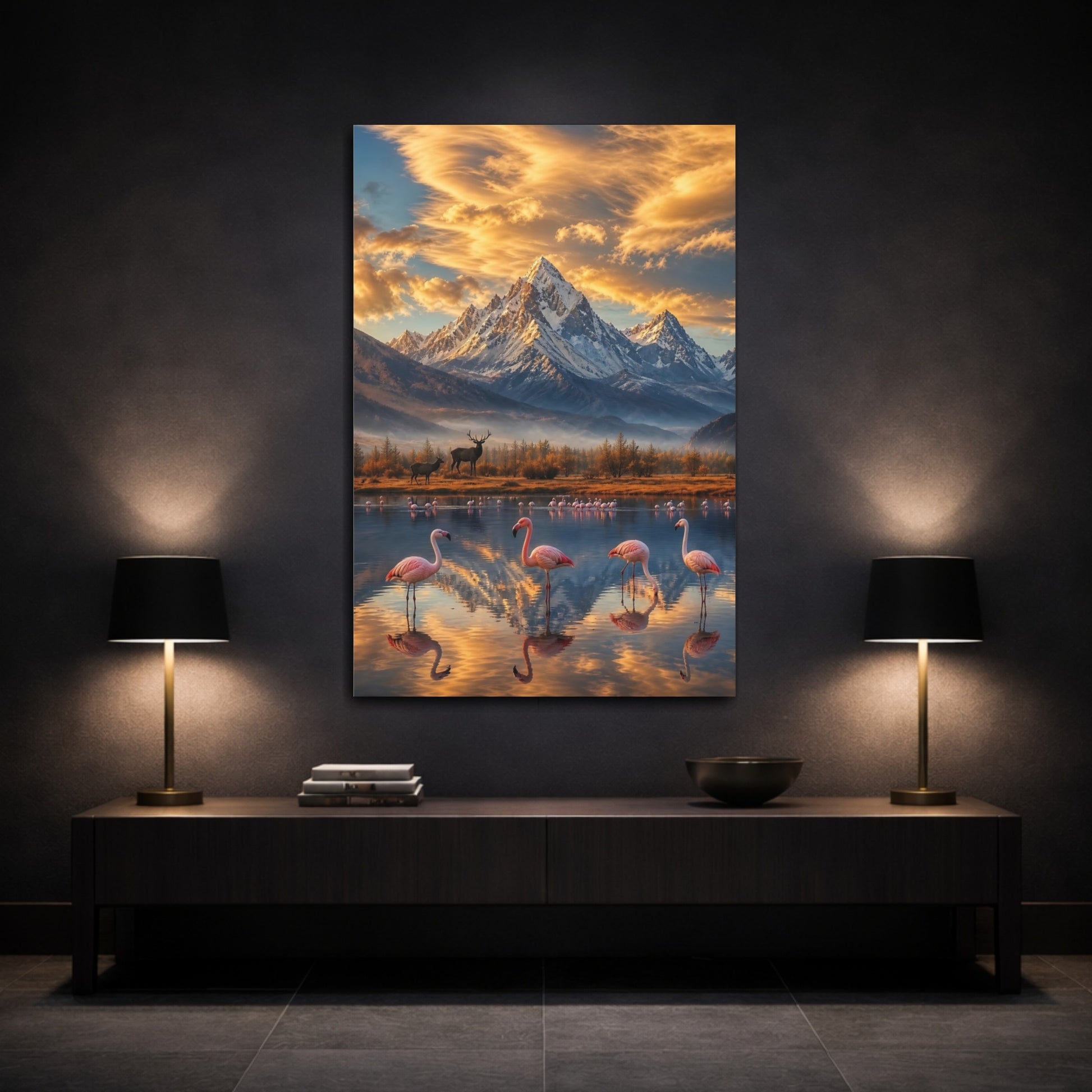 Mockup 3. Nature Flamingos, Mountains Mountain Lake Flamingos shown as stretched canvas wall art