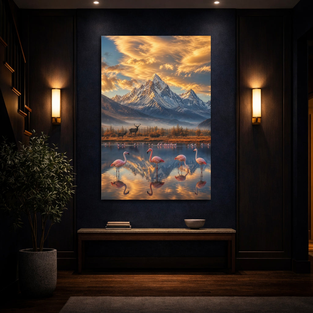 Mockup 4. Nature Flamingos, Mountains Mountain Lake Flamingos shown as stretched canvas wall art