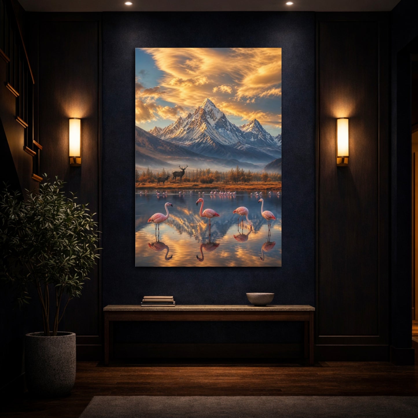 Mockup 4. Nature Flamingos, Mountains Mountain Lake Flamingos shown as stretched canvas wall art