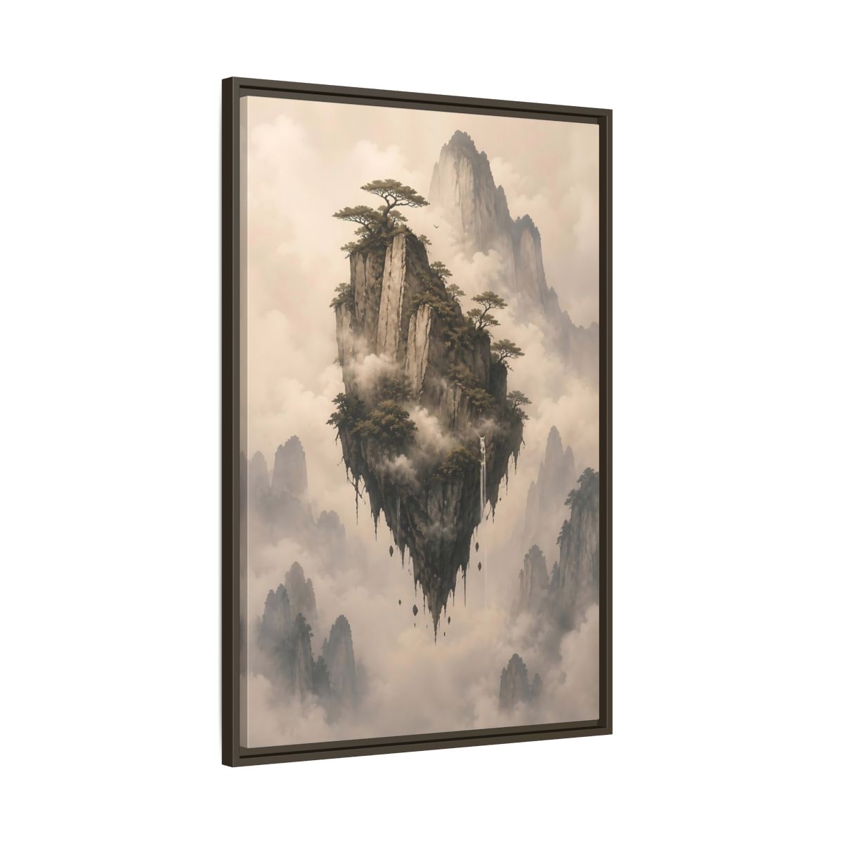 Main Mockup. Nature Floating Island Misty Mountain shown as stretched canvas wall art