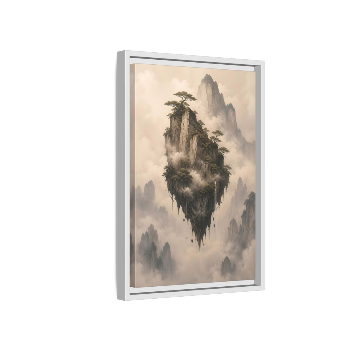 Side Mockup 4. Nature Floating Island Misty Mountain shown as stretched canvas wall art