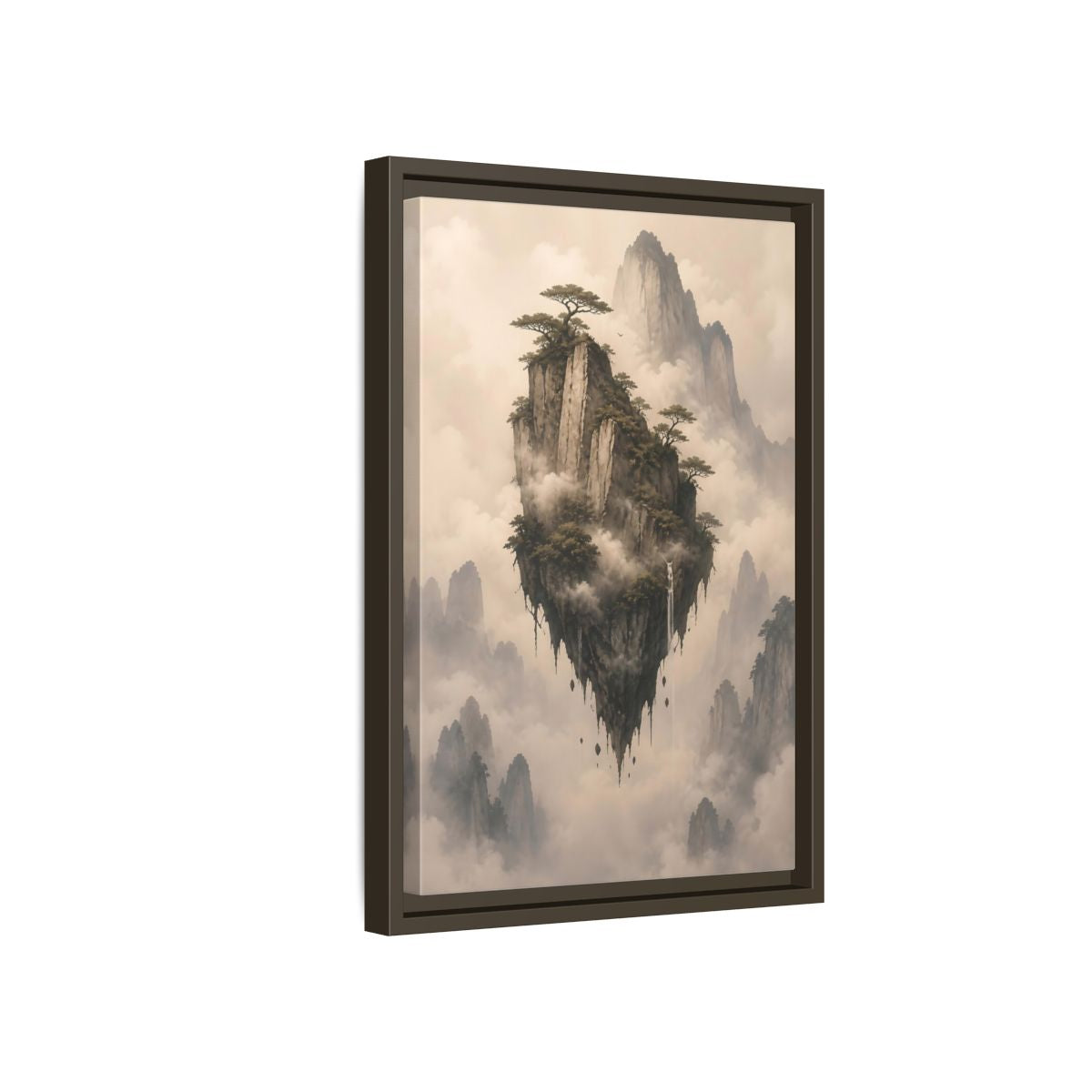 Side Mockup 5. Nature Floating Island Misty Mountain shown as stretched canvas wall art