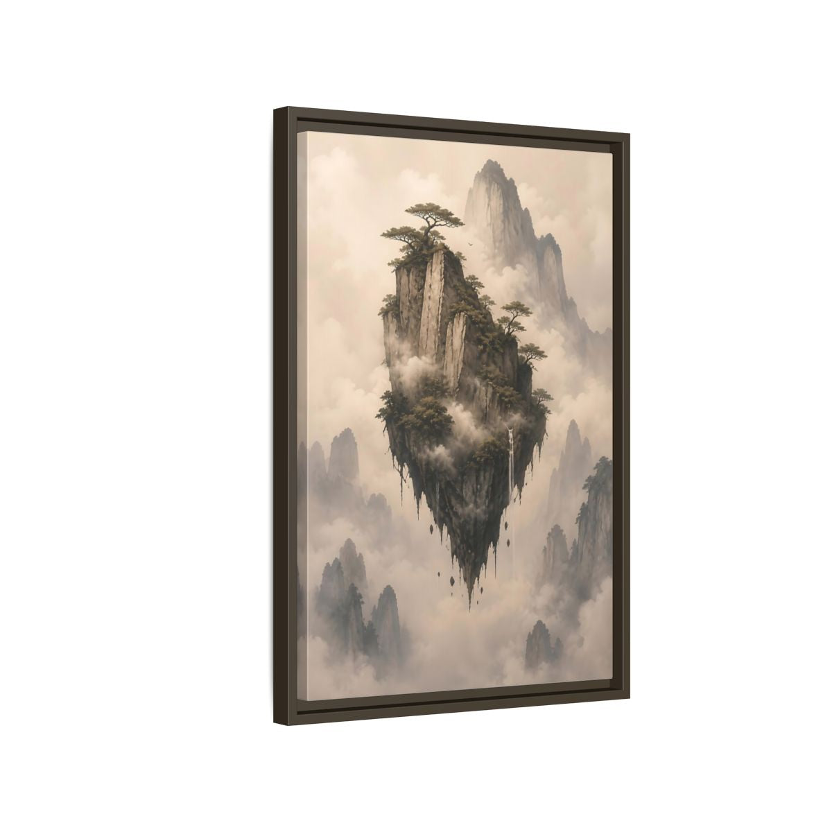 Side Mockup 2. Nature Floating Island Misty Mountain shown as stretched canvas wall art