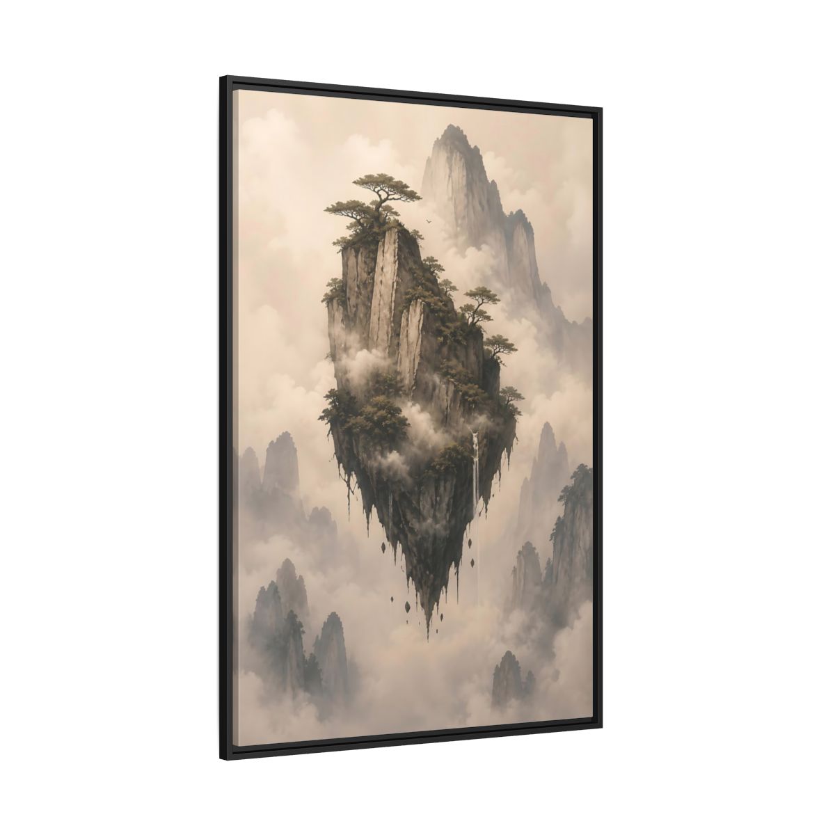 Side Mockup 12. Nature Floating Island Misty Mountain shown as stretched canvas wall art