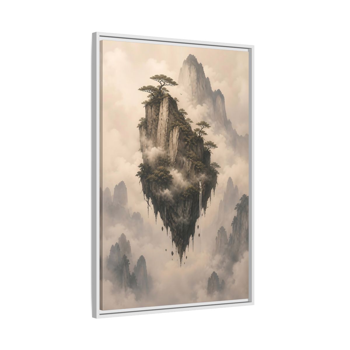 Side Mockup 9. Nature Floating Island Misty Mountain shown as stretched canvas wall art