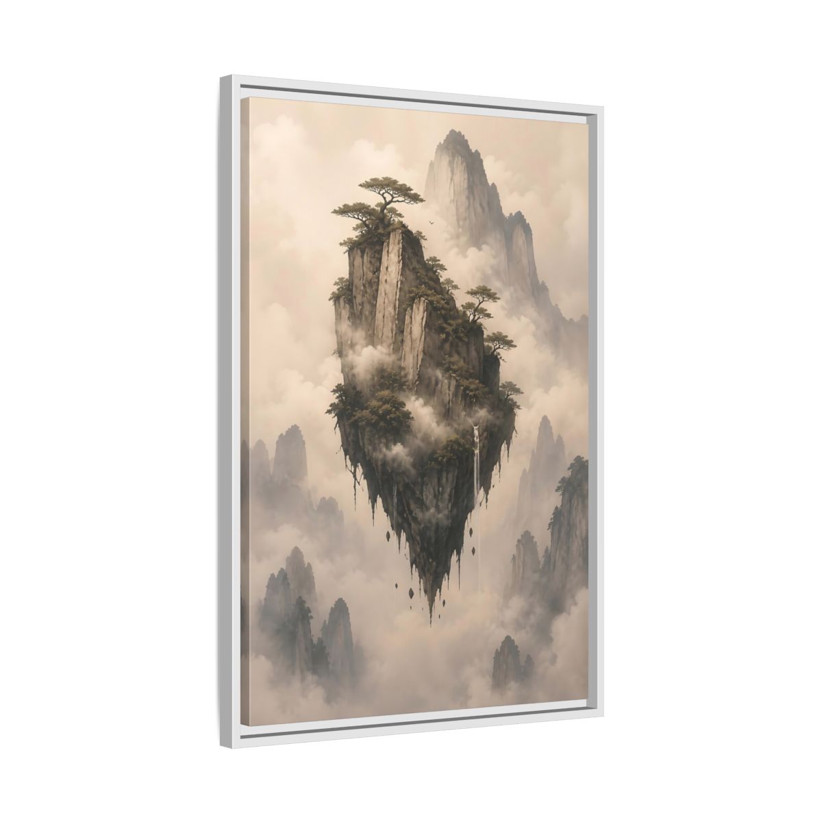 Side Mockup 10. Nature Floating Island Misty Mountain shown as stretched canvas wall art