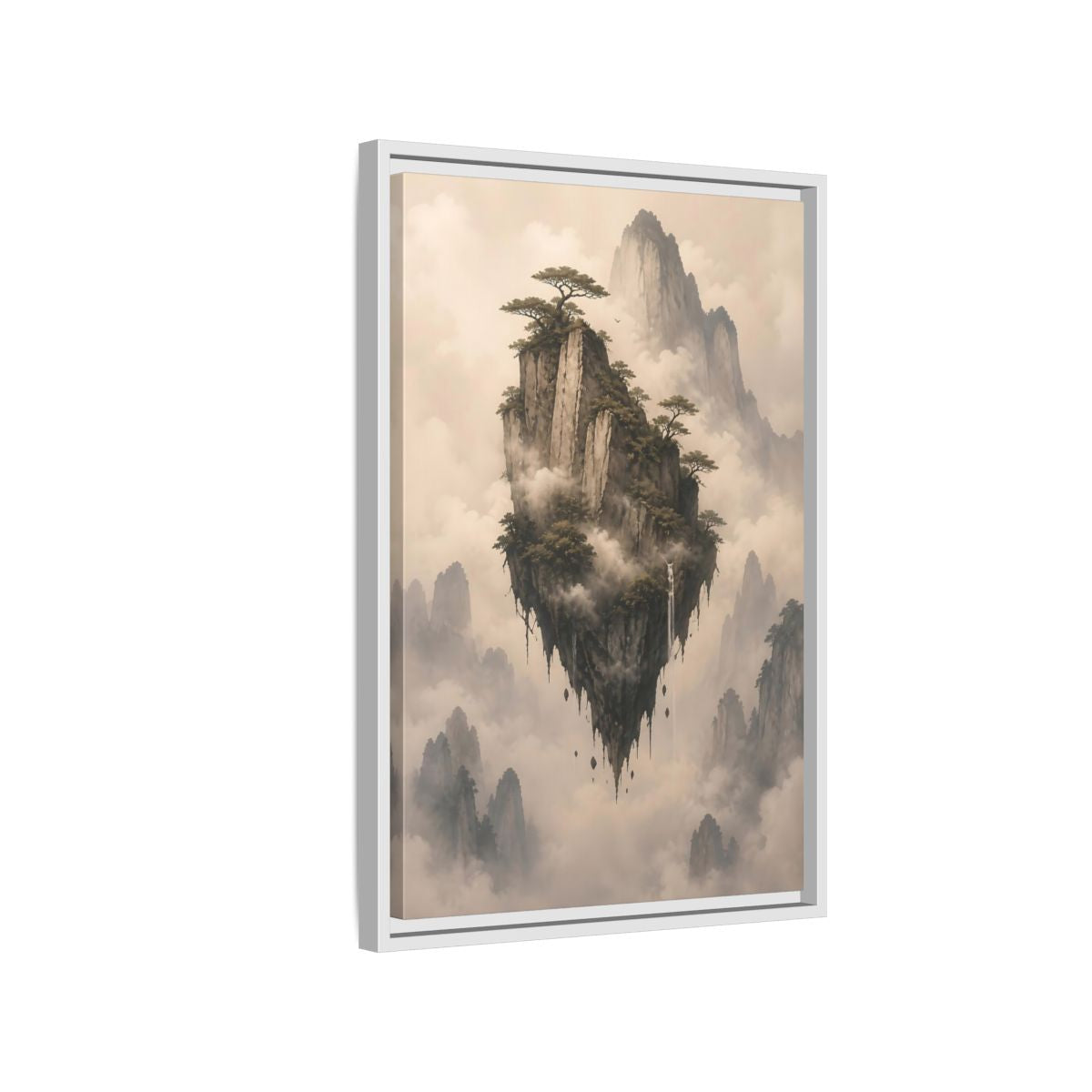 Side Mockup 1. Nature Floating Island Misty Mountain shown as stretched canvas wall art