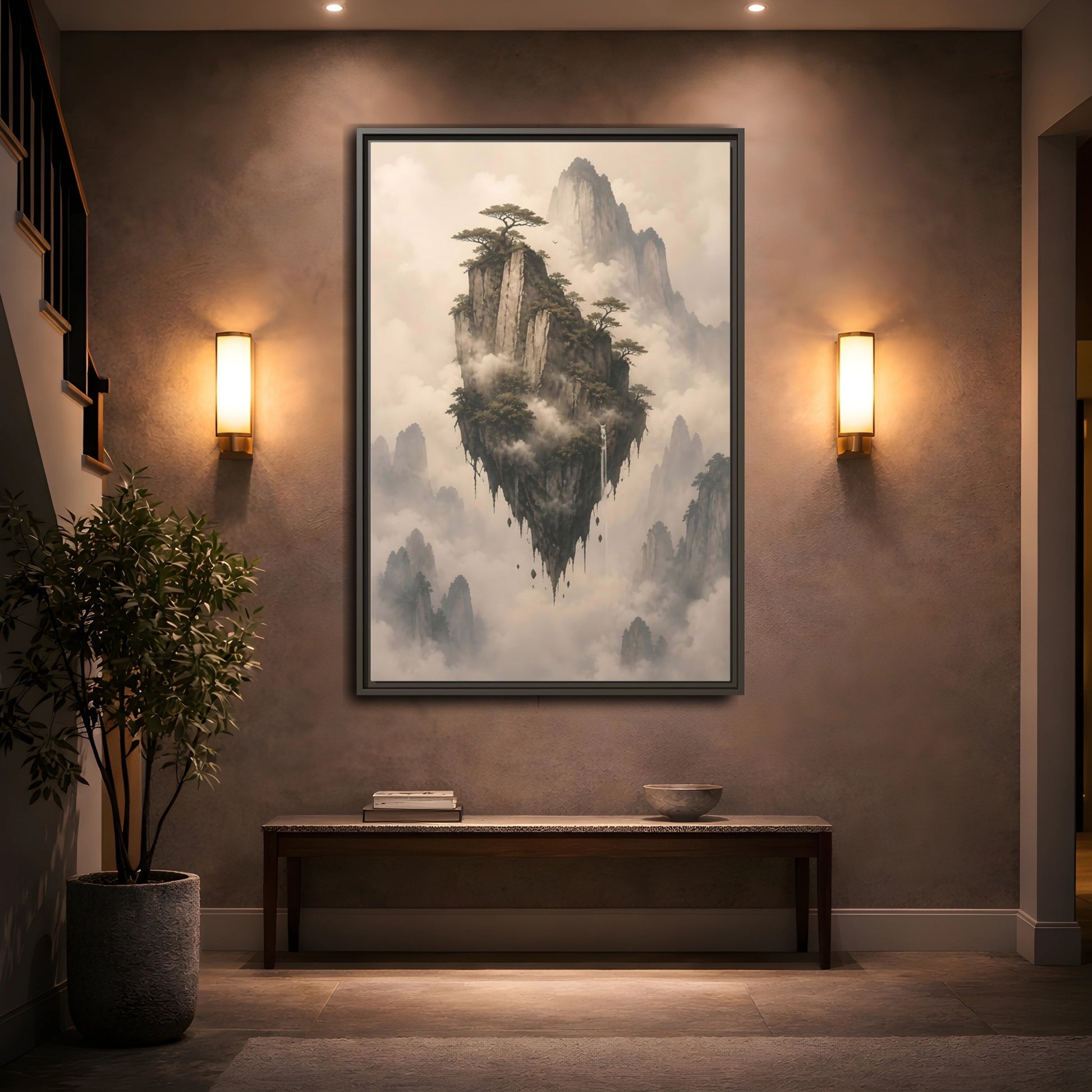 Mockup 2. Nature Floating Island Misty Mountain shown as stretched canvas wall art
