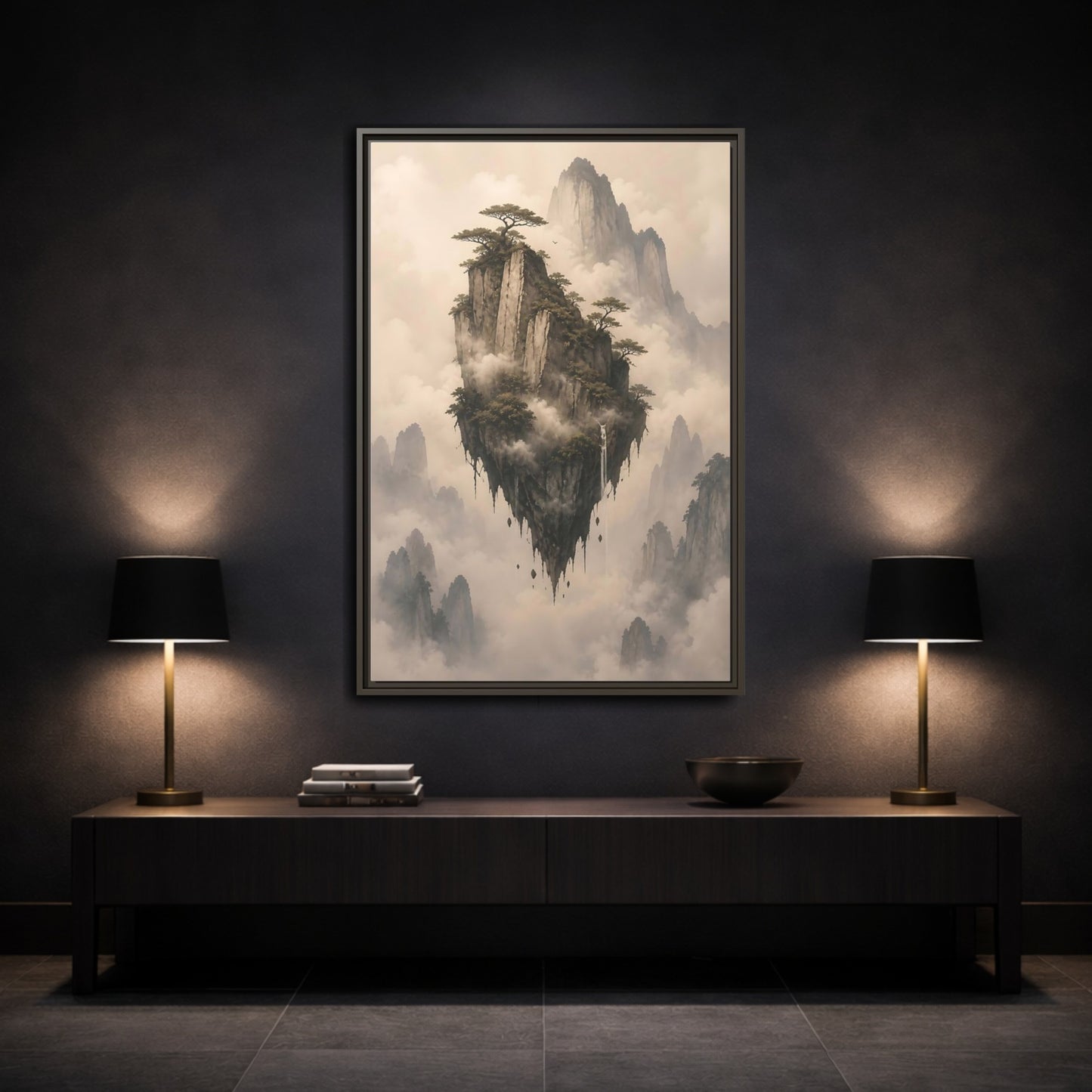 Mockup 3. Nature Floating Island Misty Mountain shown as stretched canvas wall art