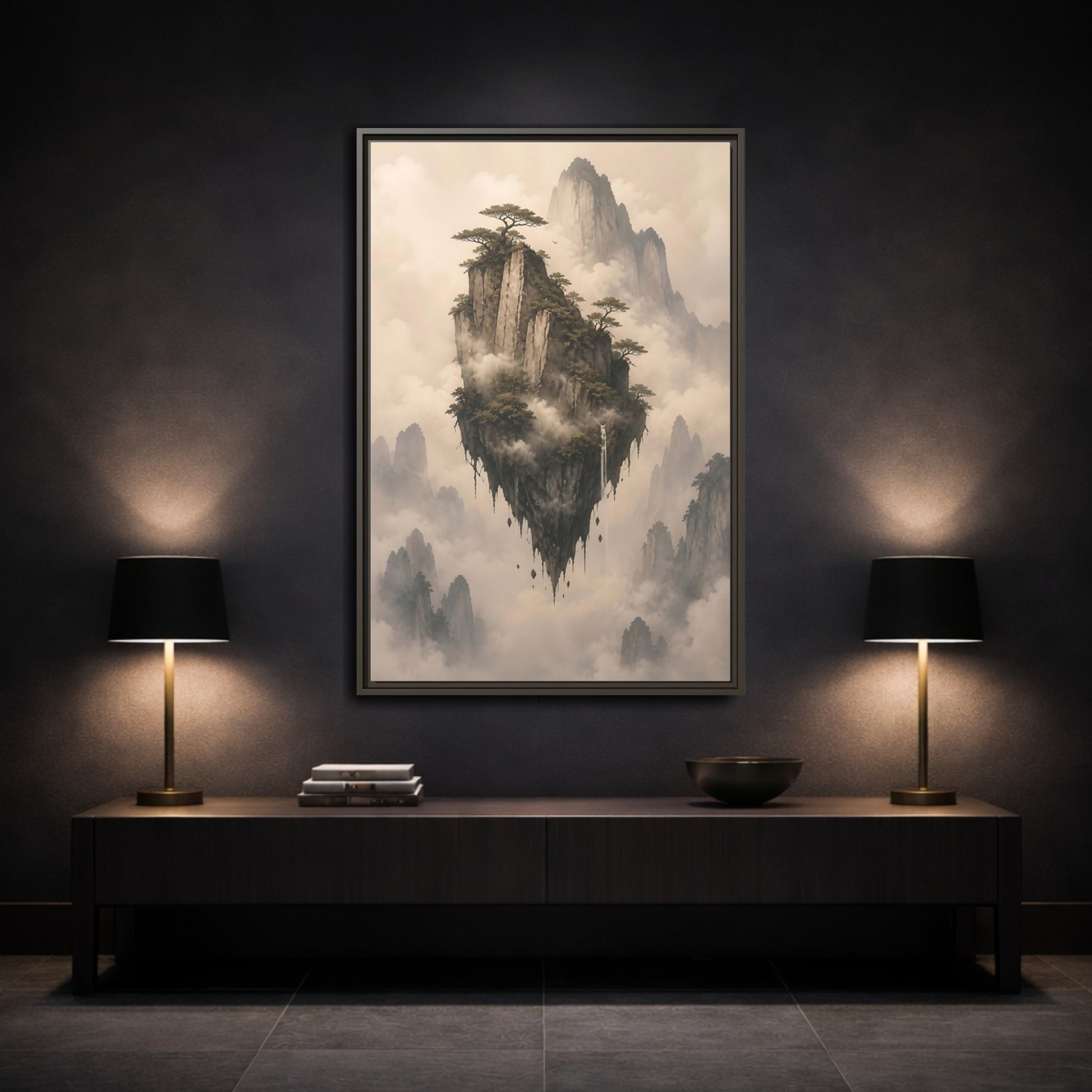 Mockup 3. Nature Floating Island Misty Mountain shown as stretched canvas wall art