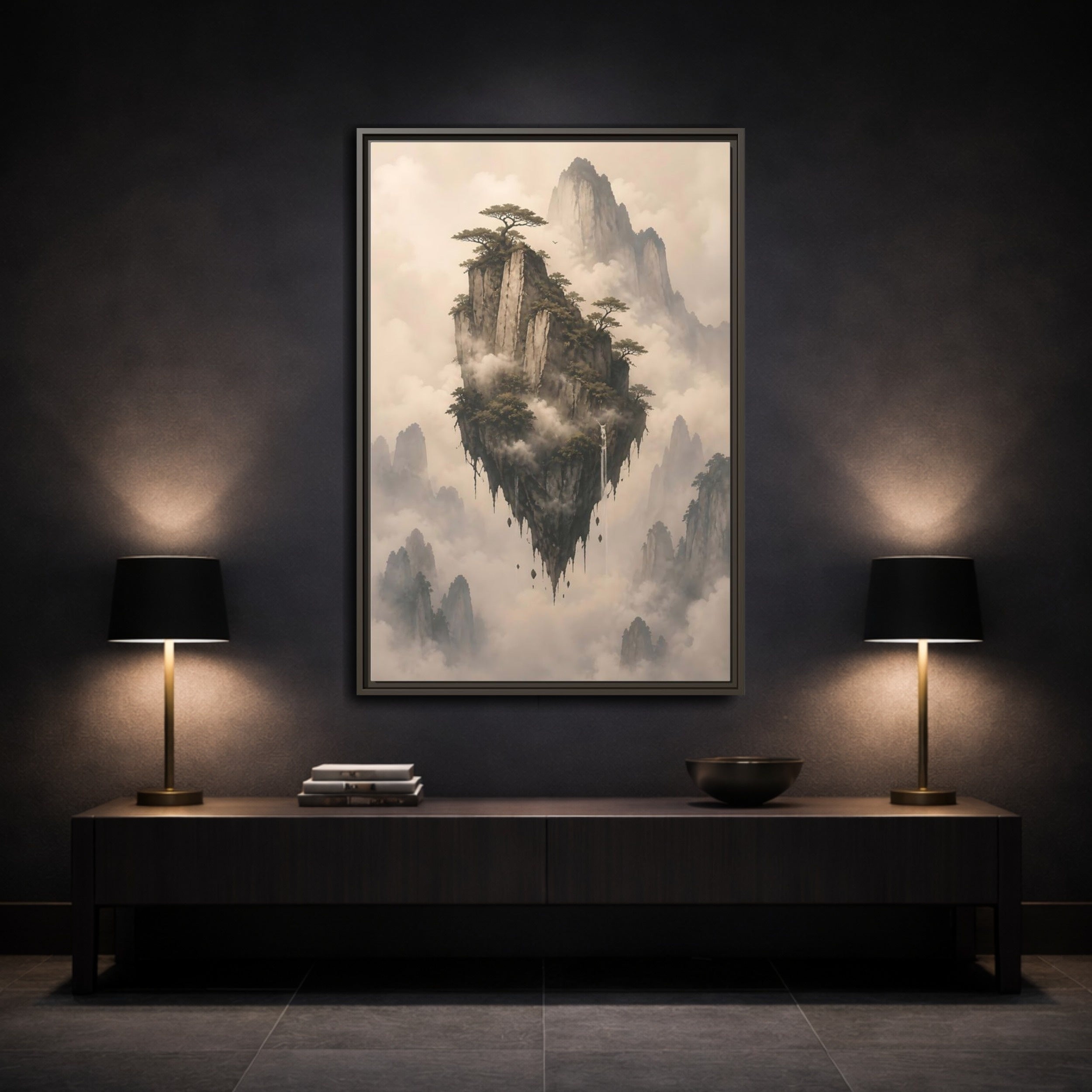 Mockup 3. Nature Floating Island Misty Mountain shown as stretched canvas wall art
