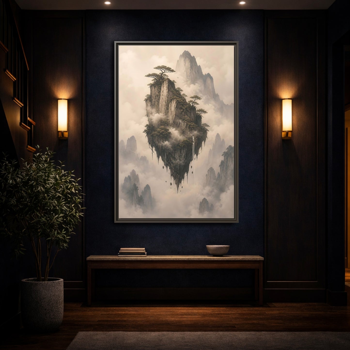 Mockup 4. Nature Floating Island Misty Mountain shown as stretched canvas wall art