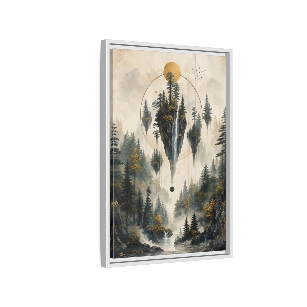 Side Mockup 1. Nature Floating Islands Golden Forest Landscape shown as stretched canvas wall art