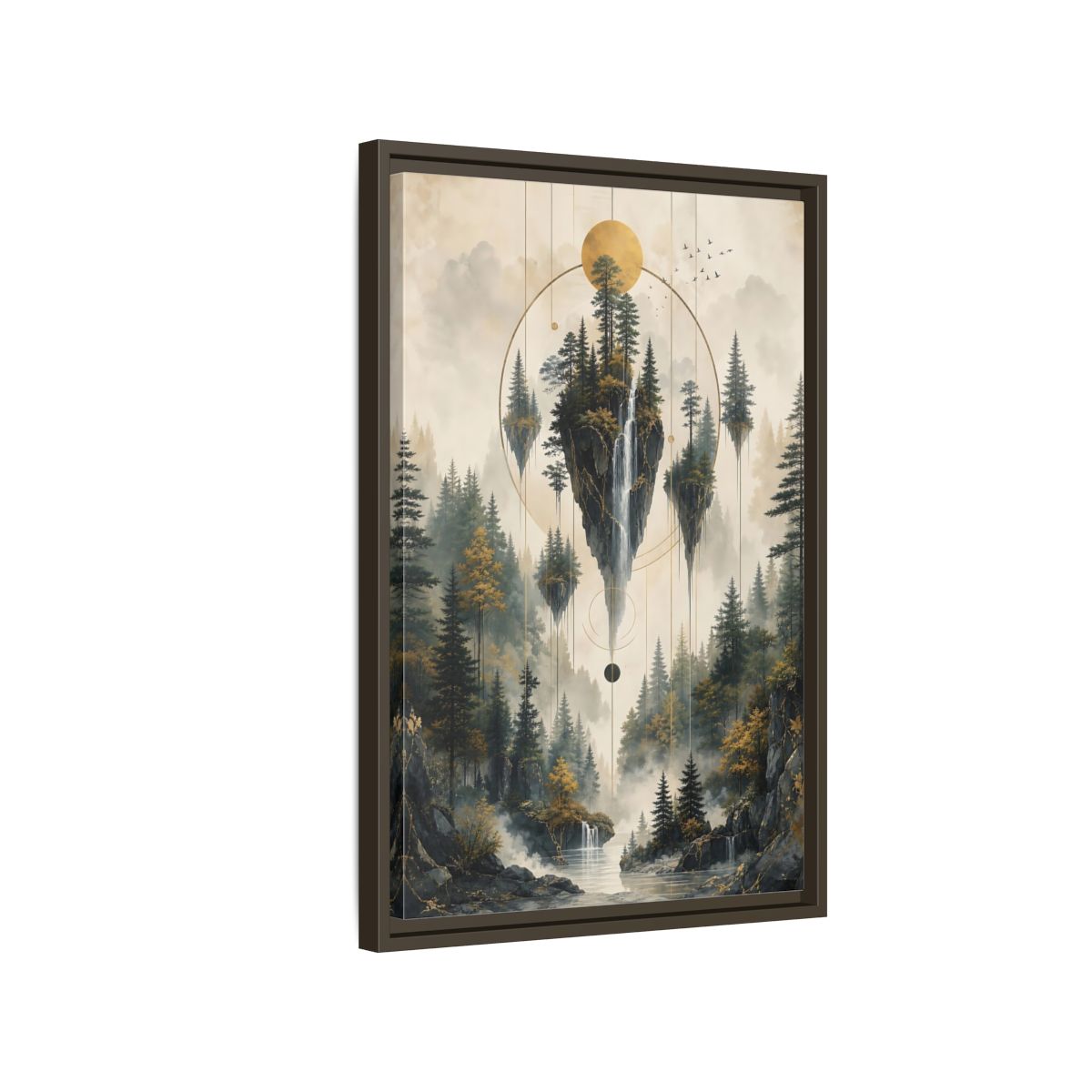 Side Mockup 2. Nature Floating Islands Golden Forest Landscape shown as stretched canvas wall art