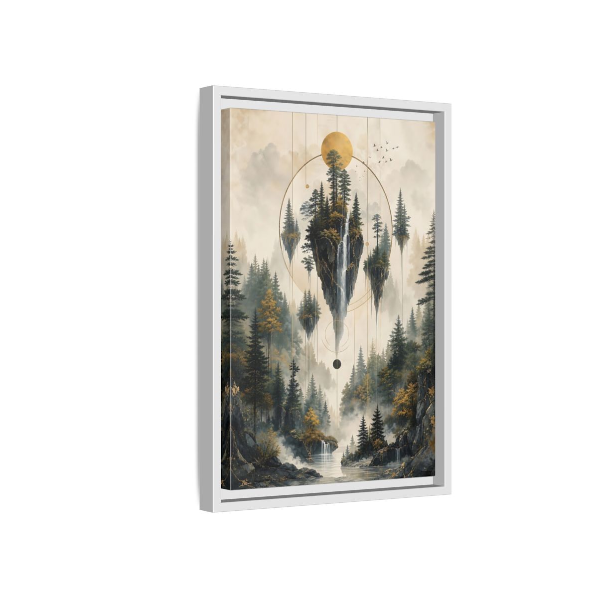 Side Mockup 4. Nature Floating Islands Golden Forest Landscape shown as stretched canvas wall art