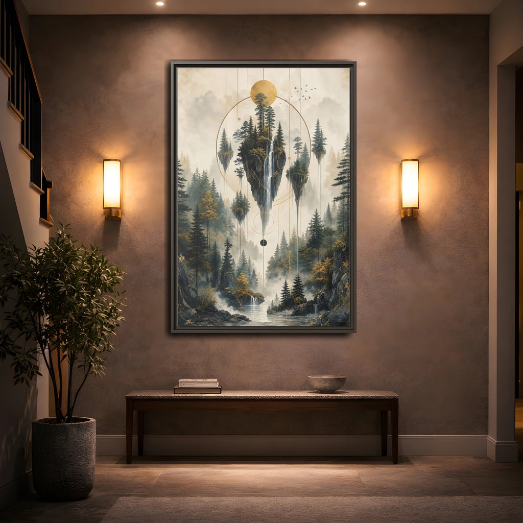 Mockup 2. Nature Floating Islands Golden Forest Landscape shown as stretched canvas wall art