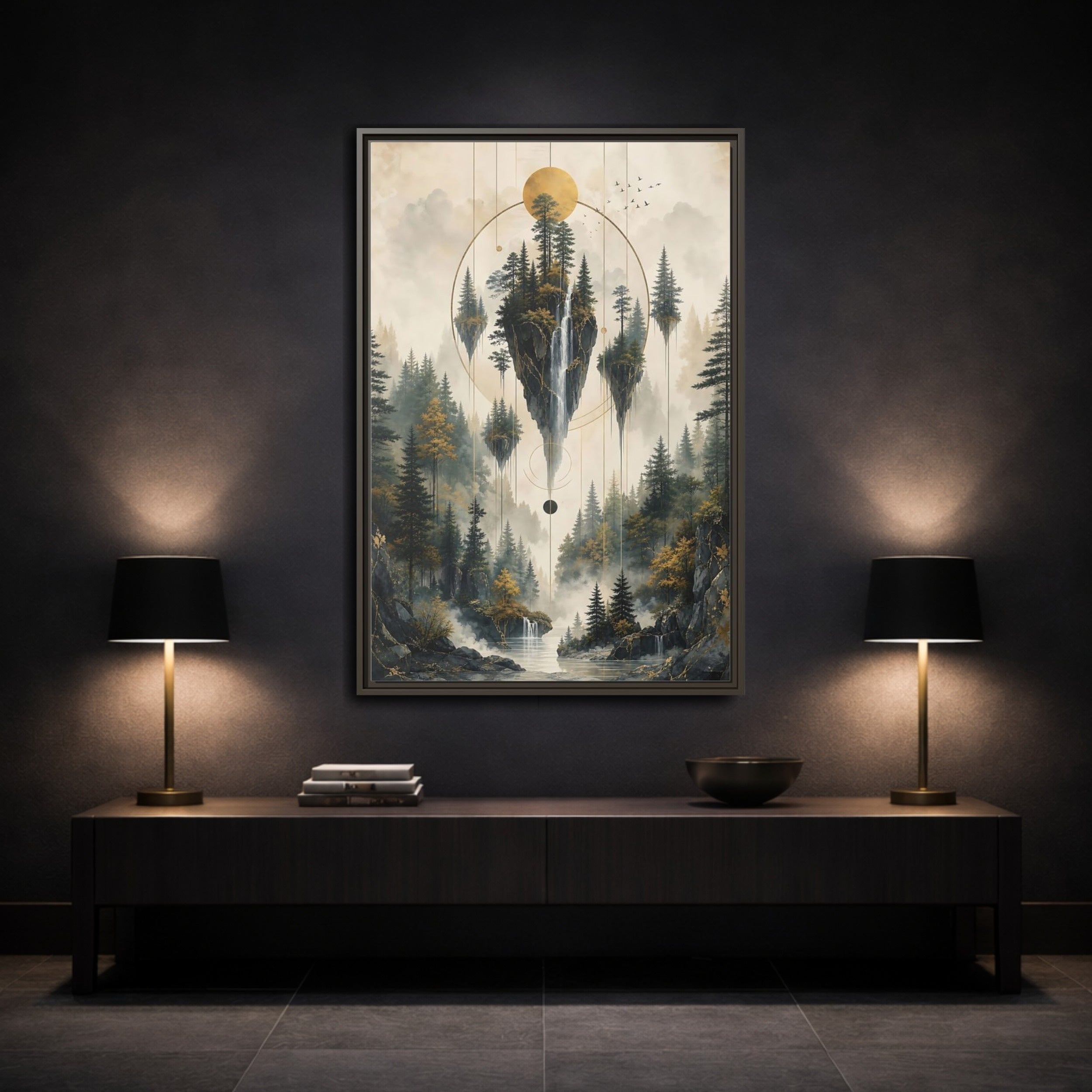 Mockup 3. Nature Floating Islands Golden Forest Landscape shown as stretched canvas wall art