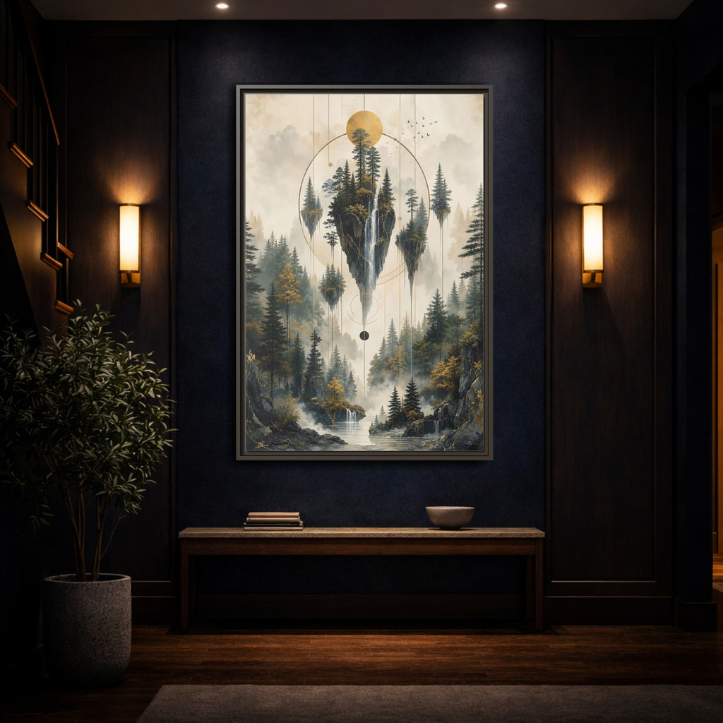Mockup 4. Nature Floating Islands Golden Forest Landscape shown as stretched canvas wall art