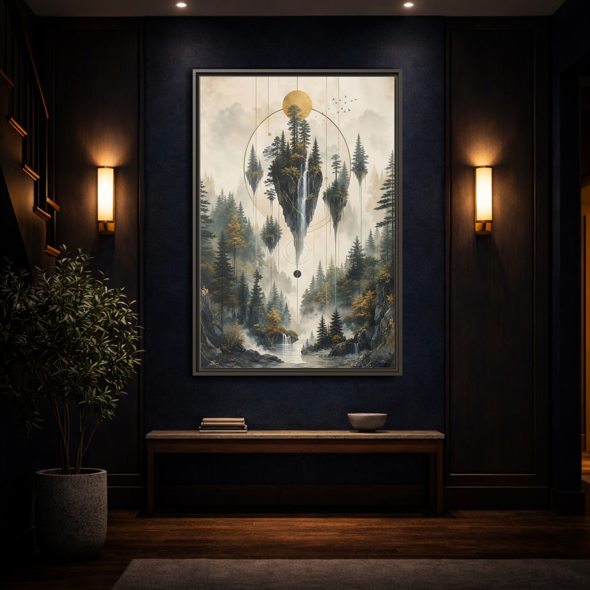 Mockup 4. Nature Floating Islands Golden Forest Landscape shown as stretched canvas wall art