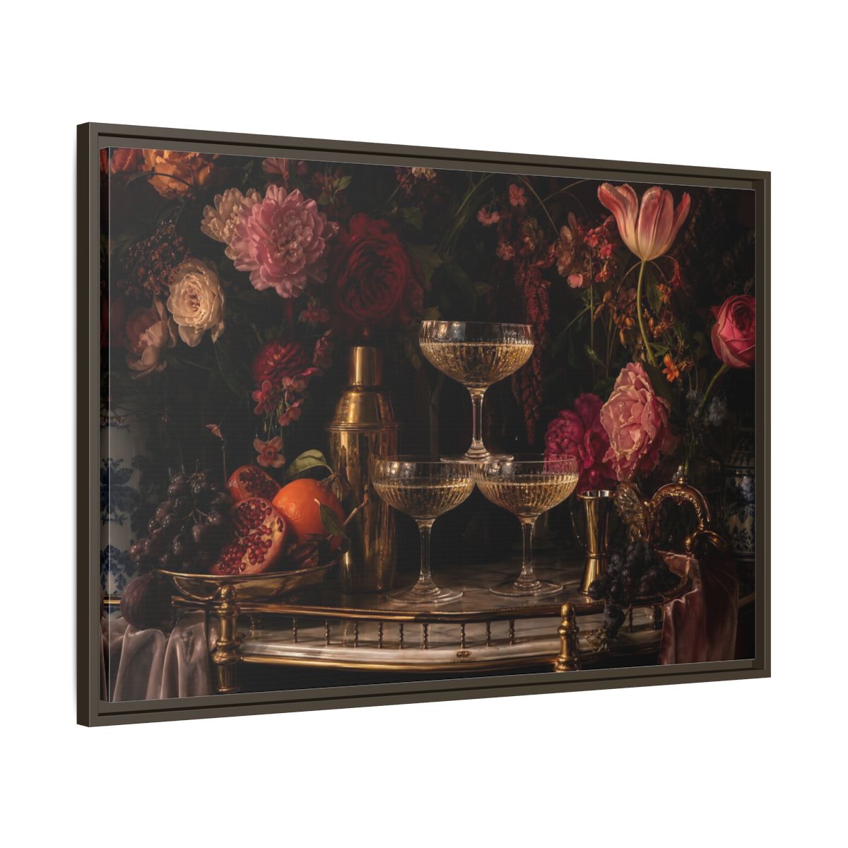 Main Mockup. Nature Floral Arrangement Dark Floral Still Life shown as stretched canvas wall art