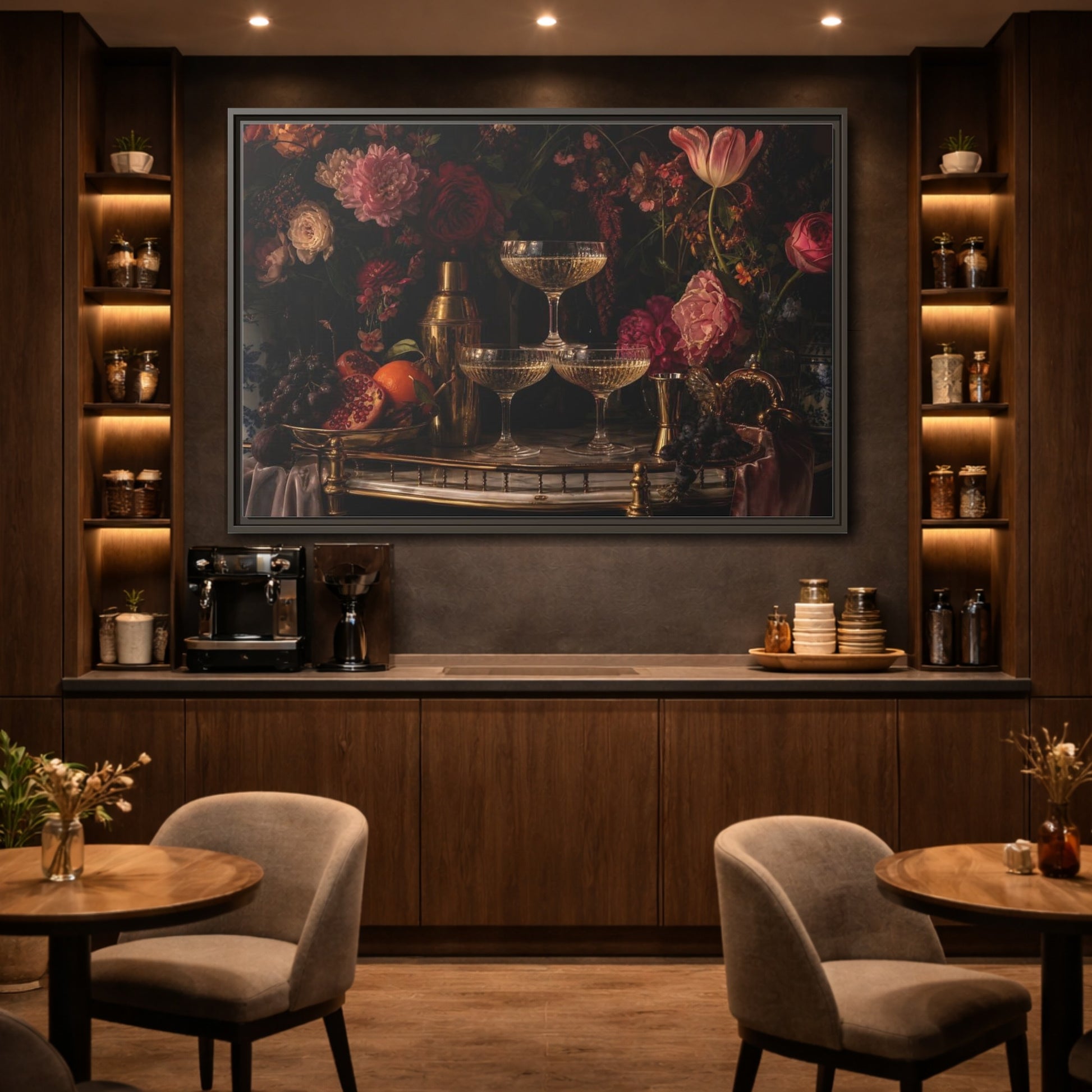 Mockup 2. Nature Floral Arrangement Dark Floral Still Life shown as stretched canvas wall art