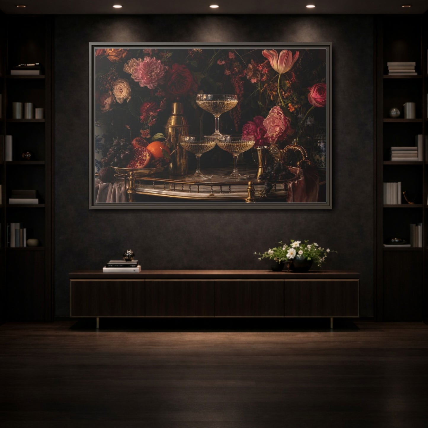 Mockup 3. Nature Floral Arrangement Dark Floral Still Life shown as stretched canvas wall art