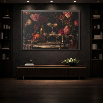 Mockup 3. Nature Floral Arrangement Dark Floral Still Life shown as stretched canvas wall art