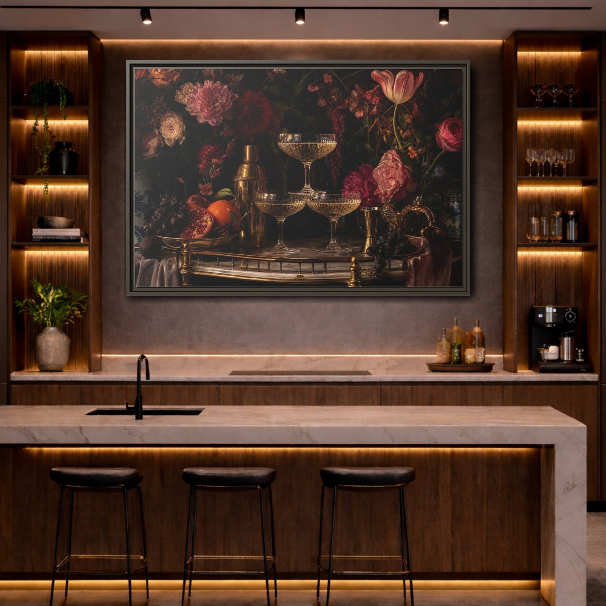 Mockup 4. Nature Floral Arrangement Dark Floral Still Life shown as stretched canvas wall art