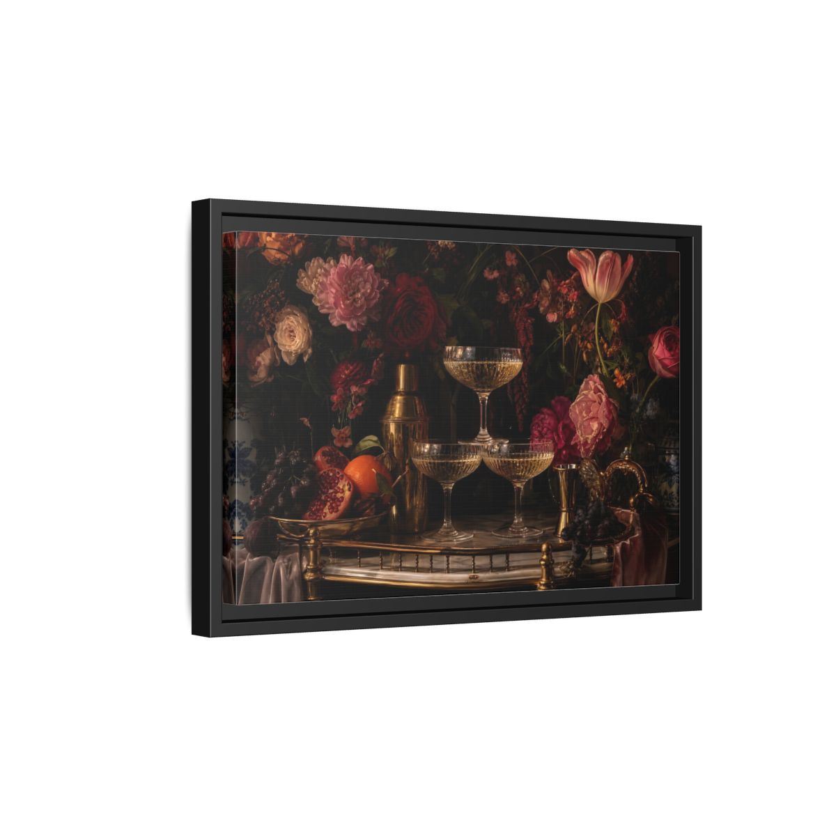 Side Mockup 6. Nature Floral Arrangement Dark Floral Still Life shown as stretched canvas wall art
