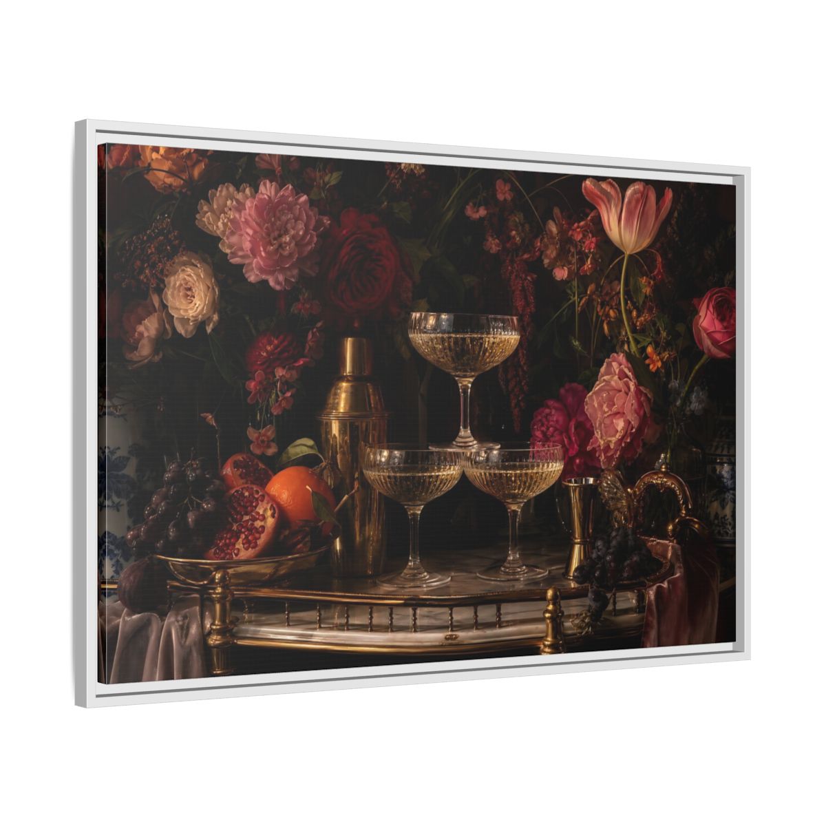 Side Mockup 9. Nature Floral Arrangement Dark Floral Still Life shown as stretched canvas wall art