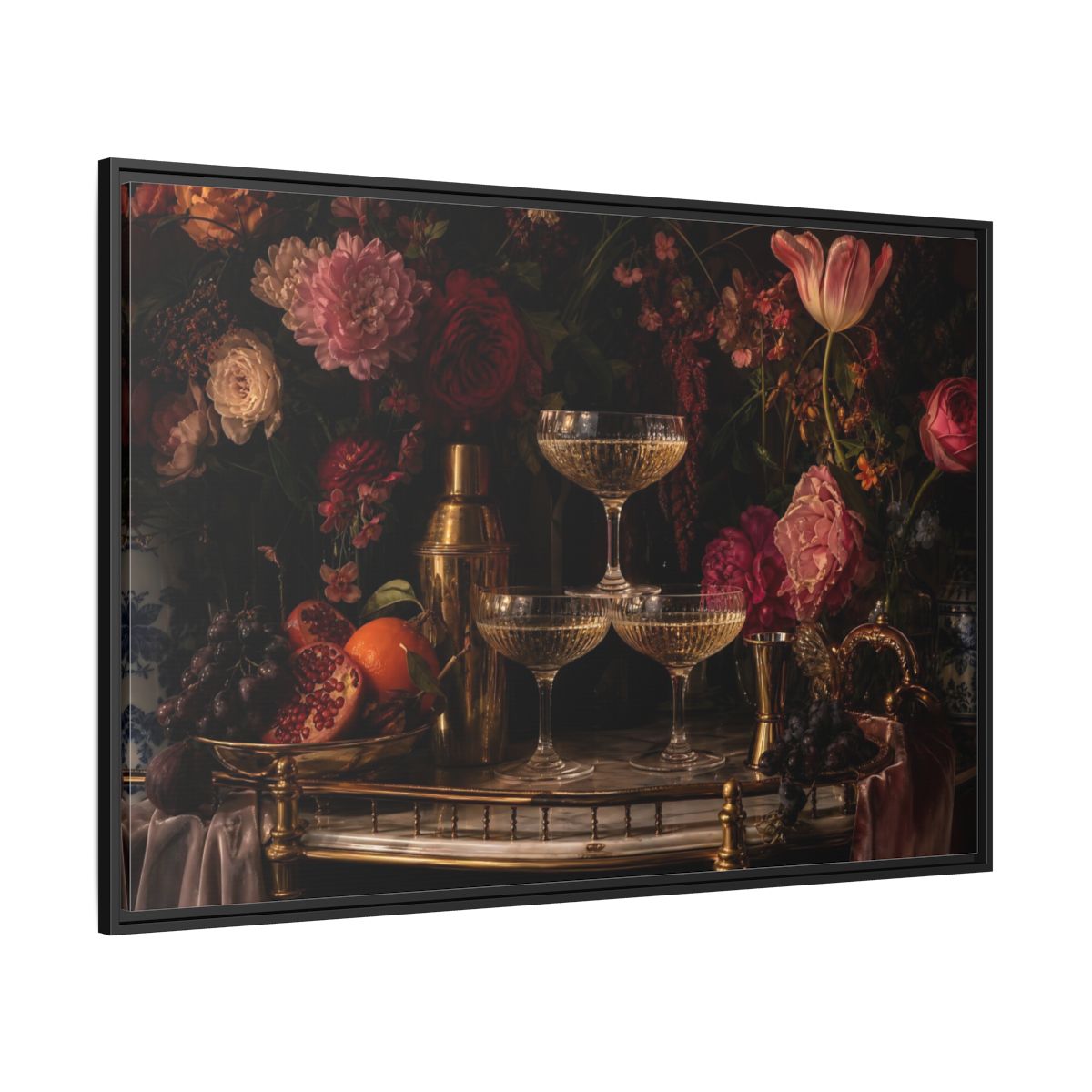 Side Mockup 12. Nature Floral Arrangement Dark Floral Still Life shown as stretched canvas wall art