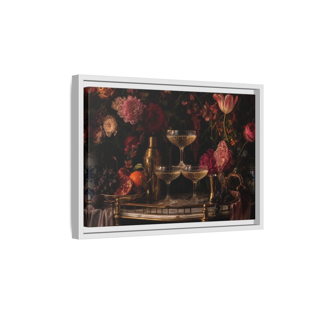 Side Mockup 4. Nature Floral Arrangement Dark Floral Still Life shown as stretched canvas wall art