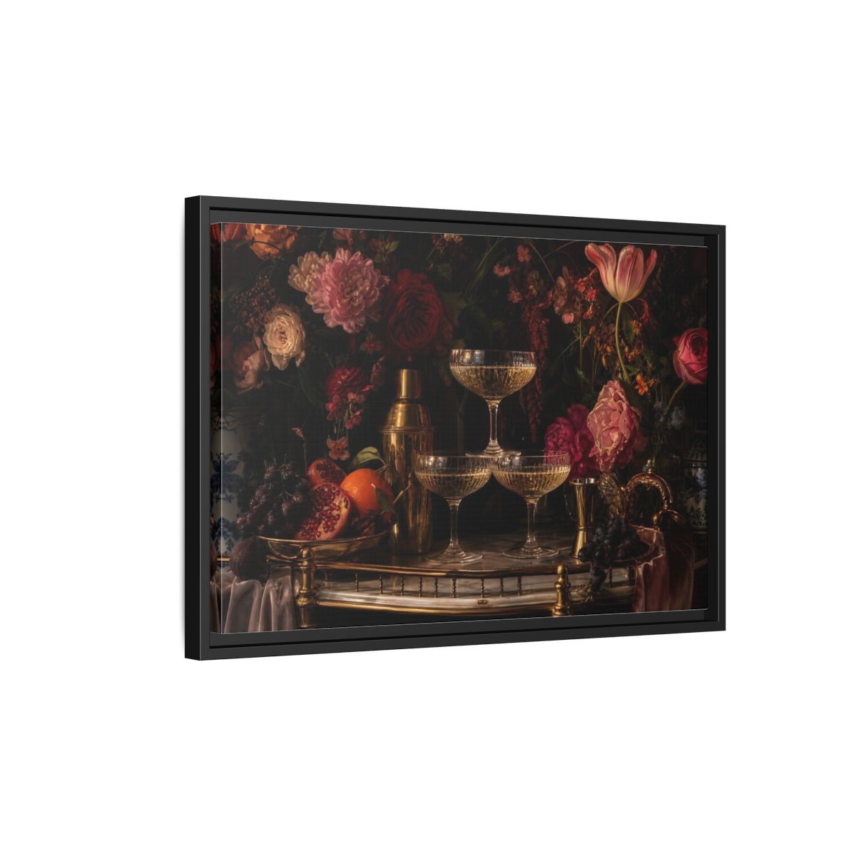 Side Mockup 3. Nature Floral Arrangement Dark Floral Still Life shown as stretched canvas wall art