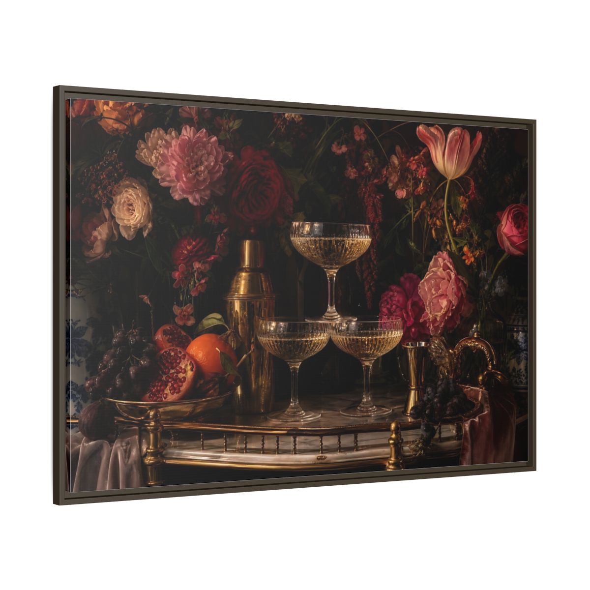 Side Mockup 8. Nature Floral Arrangement Dark Floral Still Life shown as stretched canvas wall art