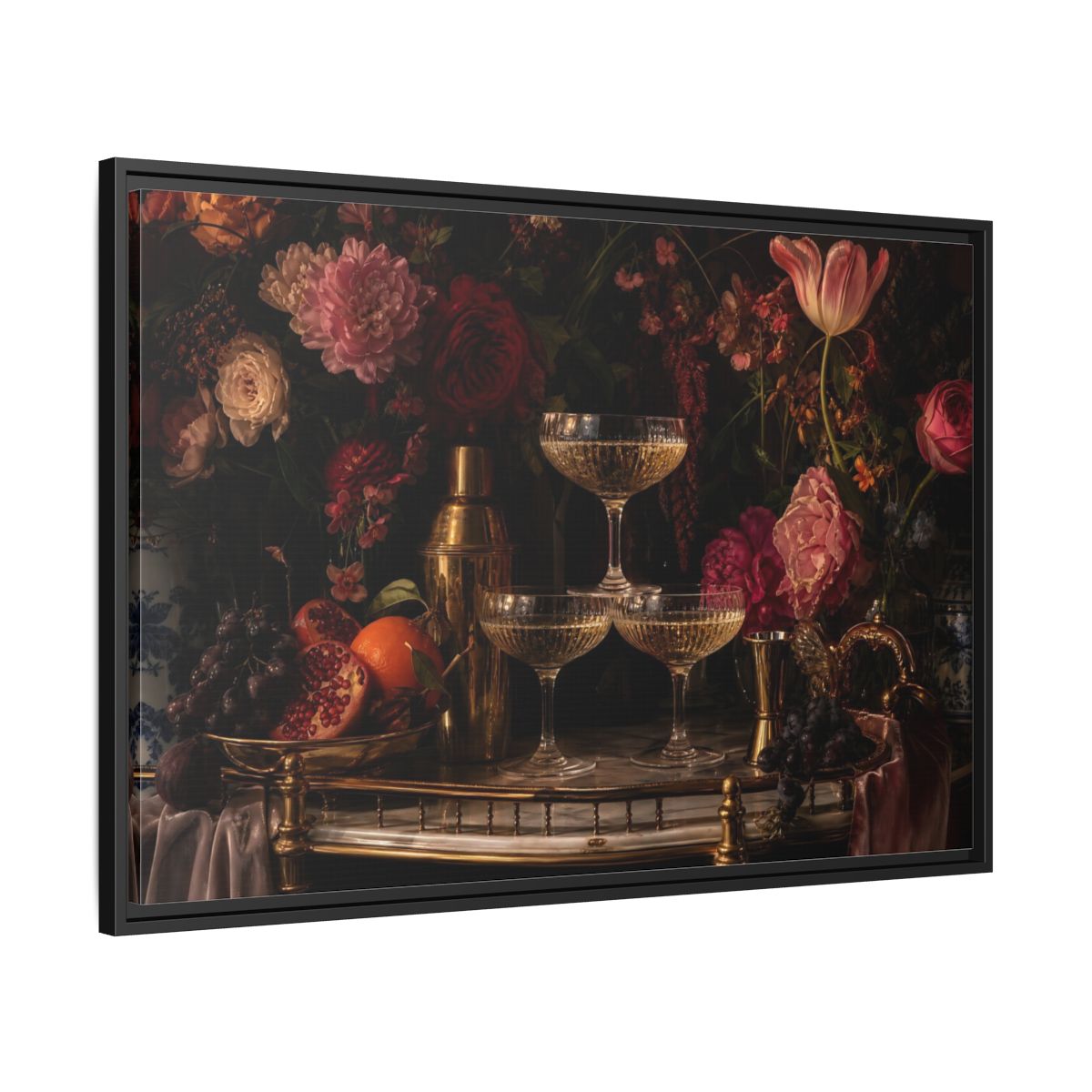 Side Mockup 13. Nature Floral Arrangement Dark Floral Still Life shown as stretched canvas wall art