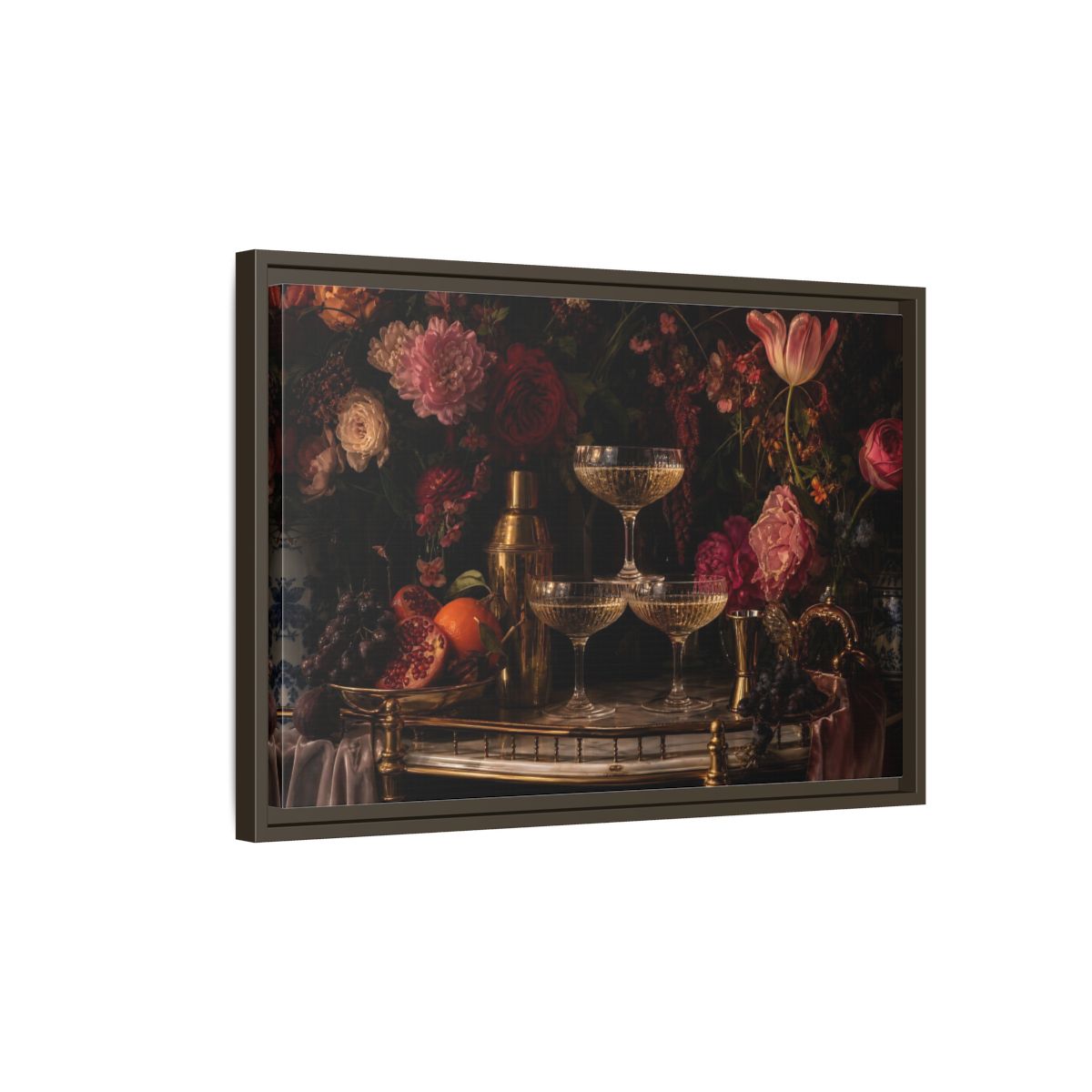 Side Mockup 2. Nature Floral Arrangement Dark Floral Still Life shown as stretched canvas wall art