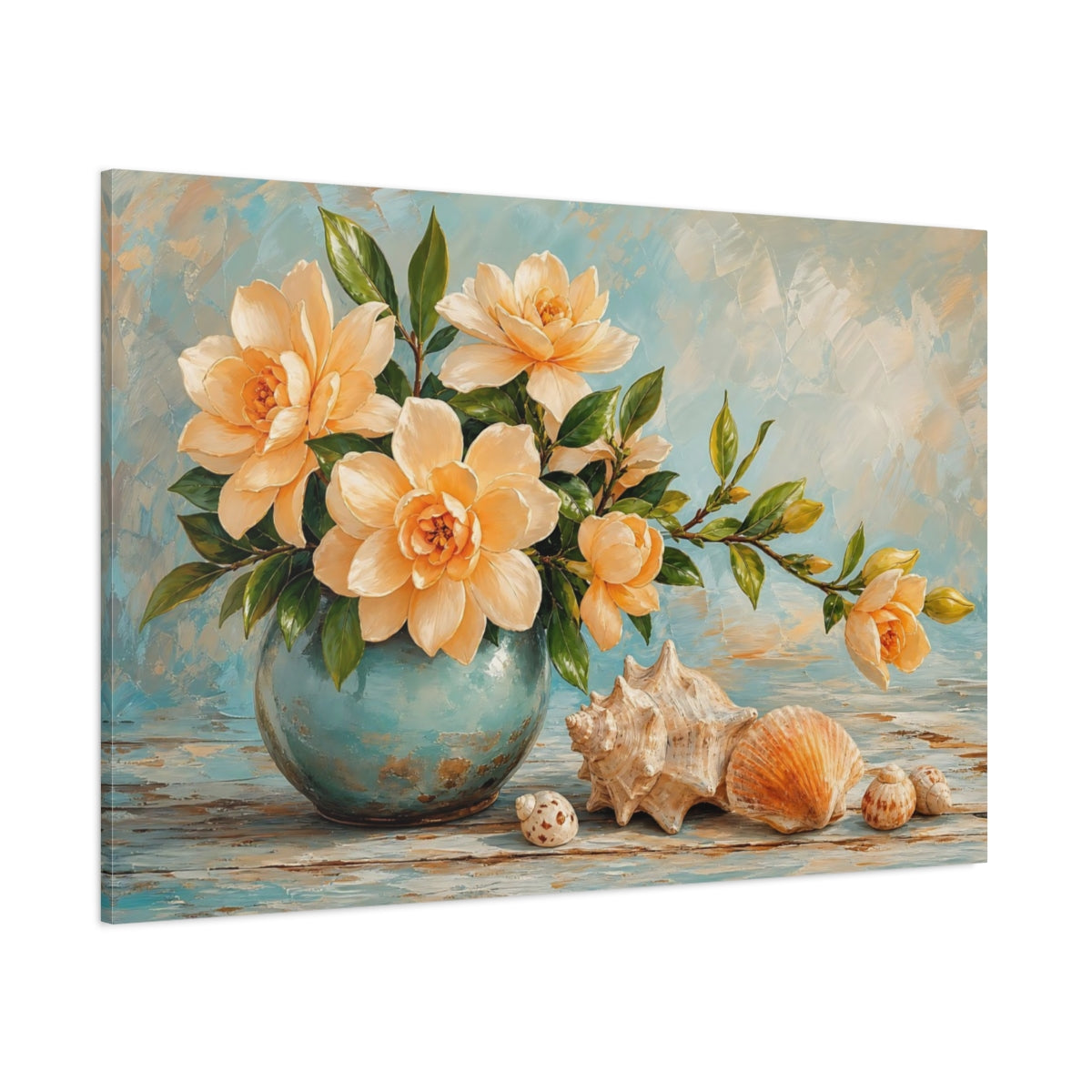 Side Mockup 1. Nature Floral Arrangement Yellow And Blue Floral shown as stretched canvas wall art