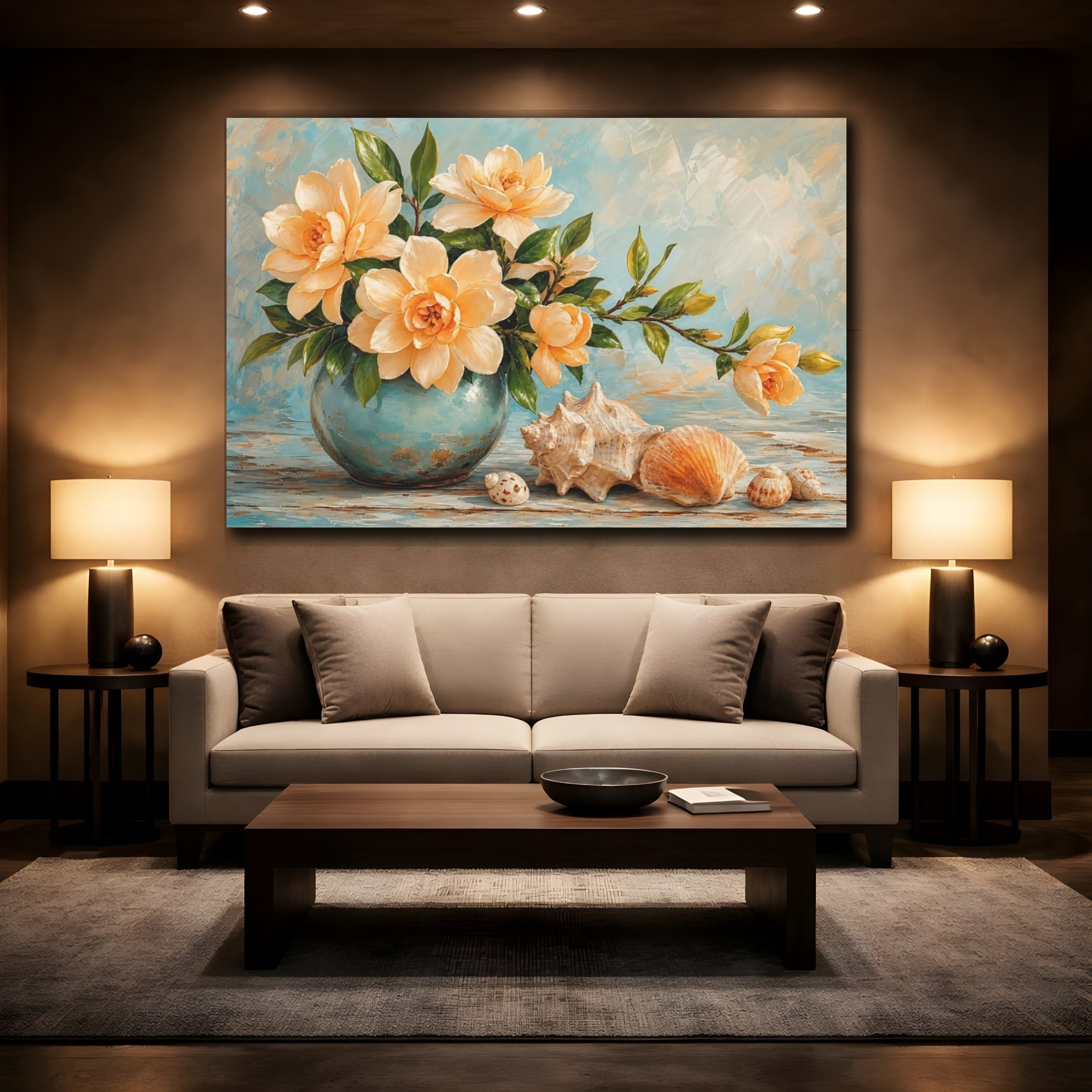 Mockup 2. Nature Floral Arrangement Yellow And Blue Floral shown as stretched canvas wall art