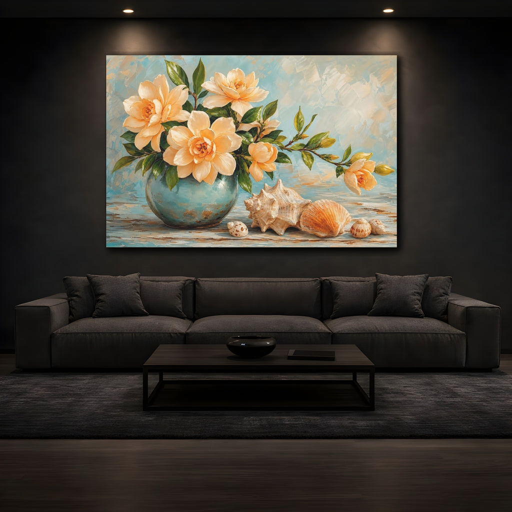 Mockup 3. Nature Floral Arrangement Yellow And Blue Floral shown as stretched canvas wall art
